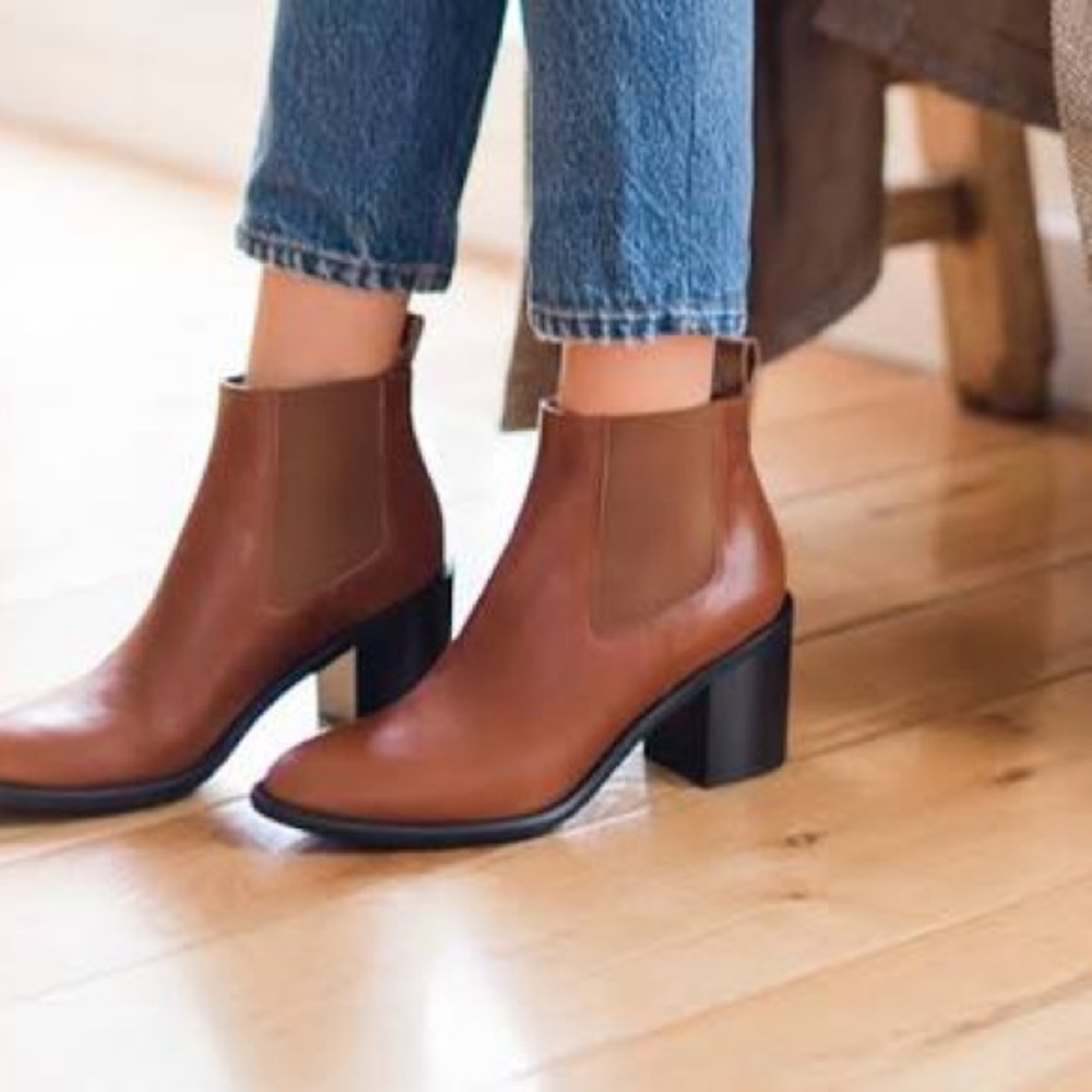 Jenni Kayne Leather Ankle Heeled Chelsea Boots Booties in Saddle Cognac EU‎ 40.5